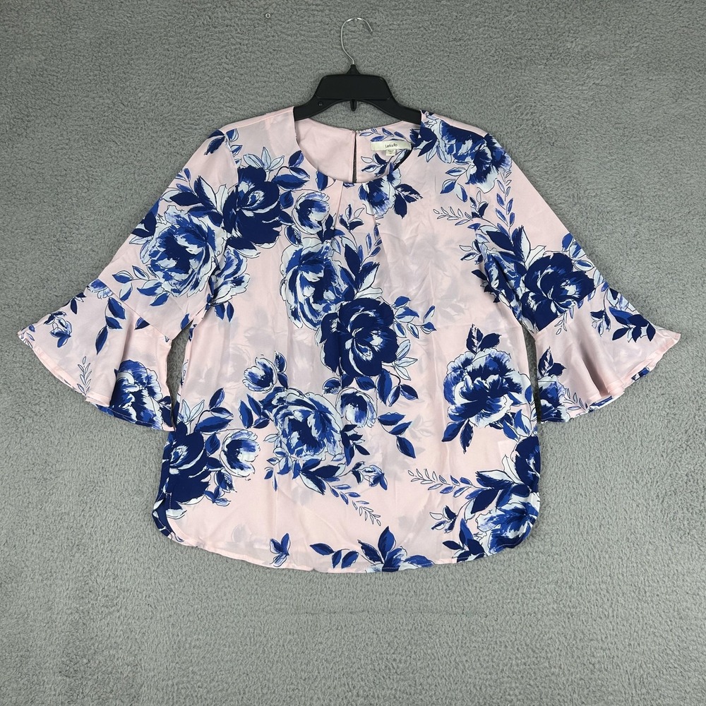 Lark & Ro Blouse Womens‎ Medium Pink Blue Floral Bell Sleeve Semi Sheer Top